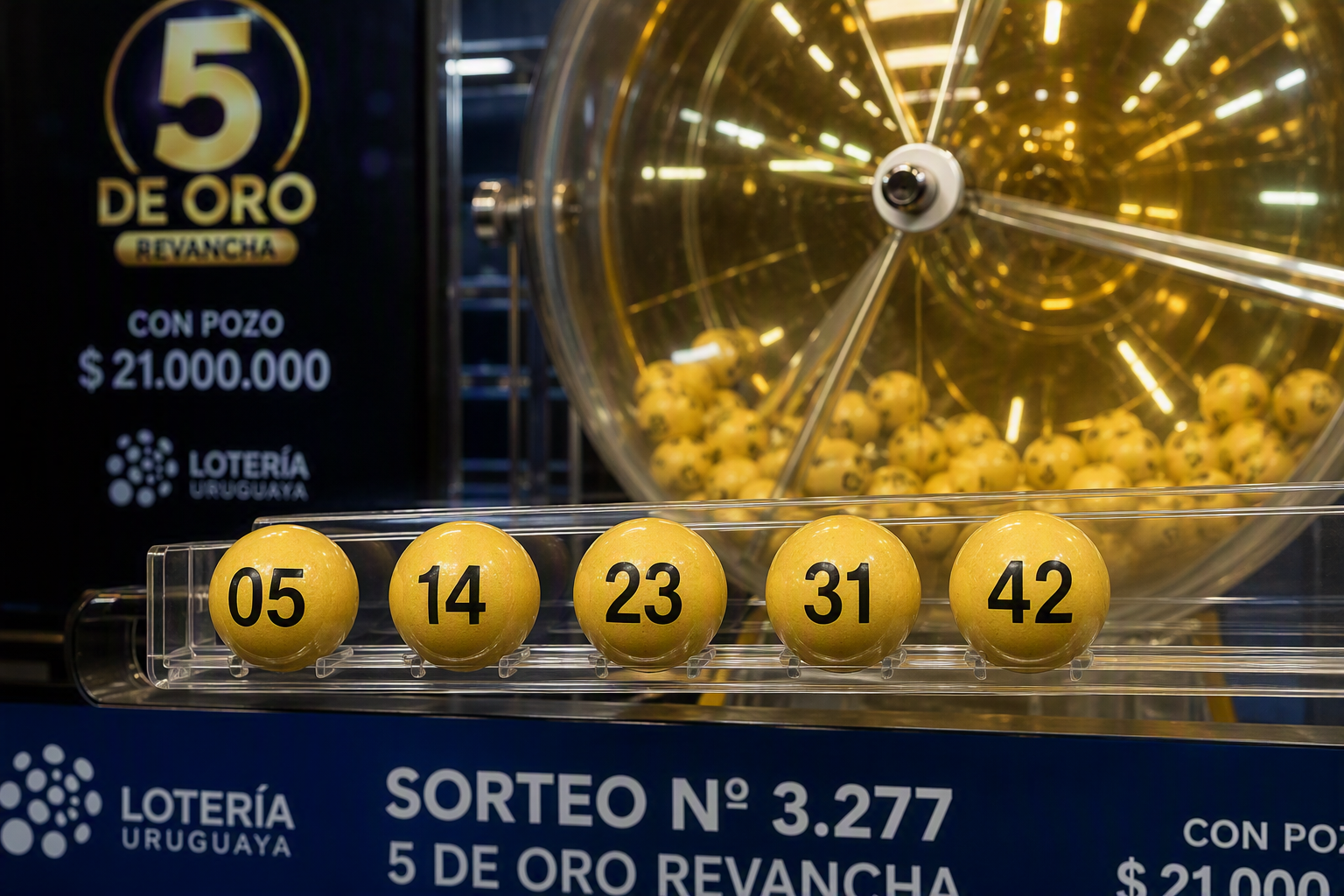 Urna con bolillas numéricas utilizadas durante el sorteo oficial del 5 de Oro.
