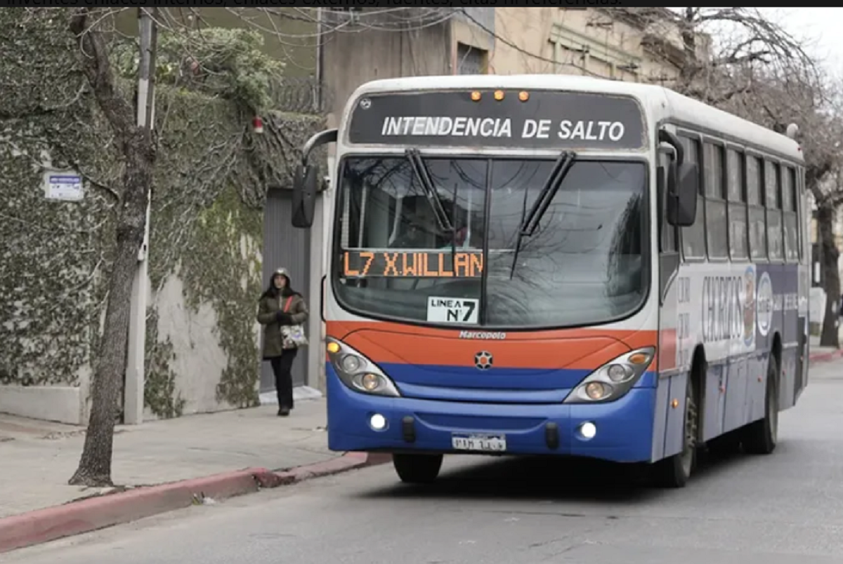 Ómnibus de transporte urbano detenido sobre una avenida tras sufrir un ataque vandálico en Salto.