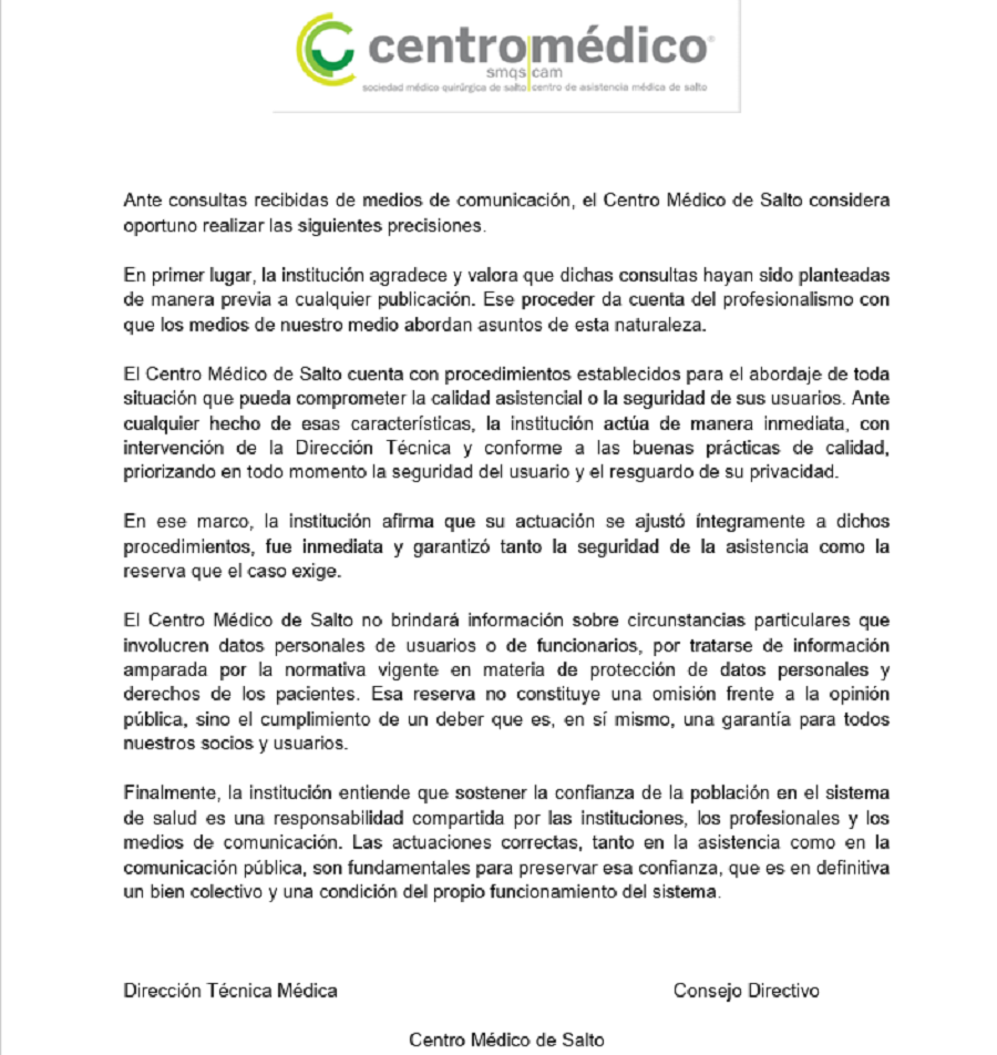 Comunicado oficial emitido por la Dirección Técnica y el Consejo Directivo del Centro Médico de Salto sobre denuncias de calidad asistencial.