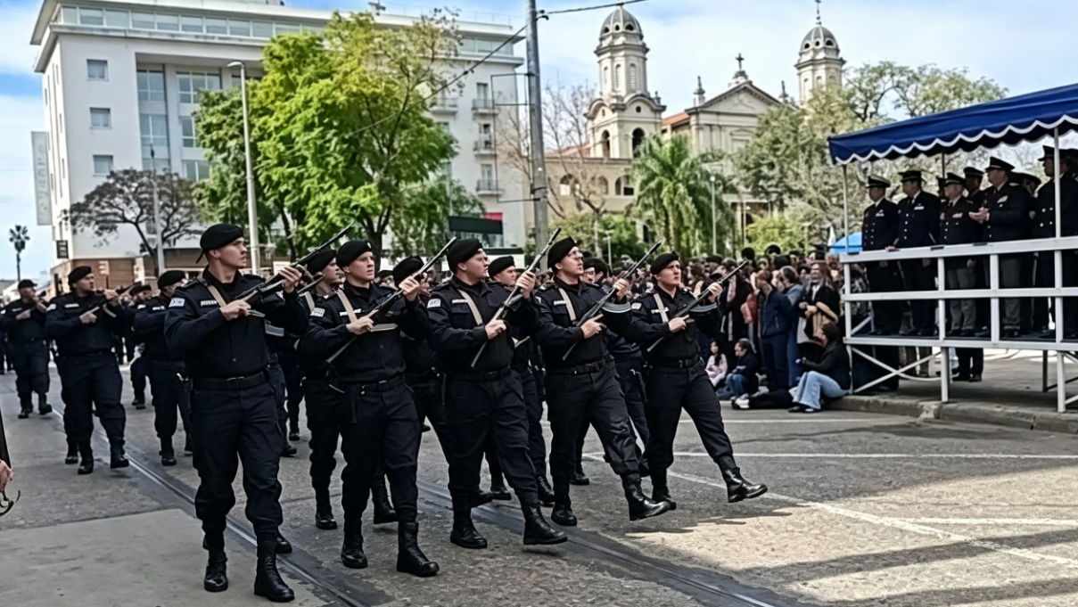 Integrantes del desfile cívico militar en Salto avanzando por la calle céntrica.