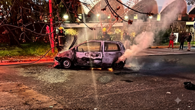 Dotación de Bomberos trabajando en la extinción de un incendio vehicular en Salto.