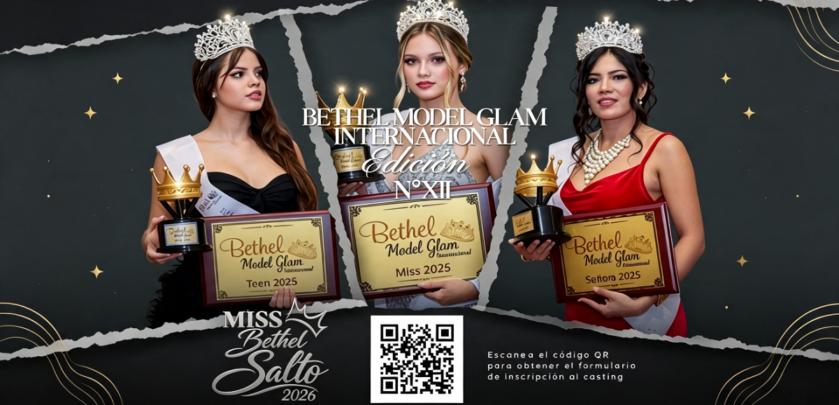Afiche oficial de convocatoria para Miss Bethel Salto 2026.