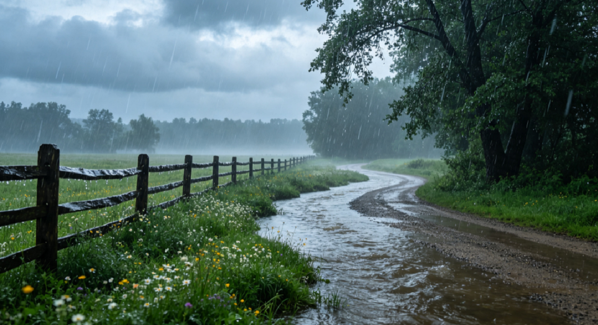 Paisaje rural bajo un pronóstico de lluvias abundantes.
