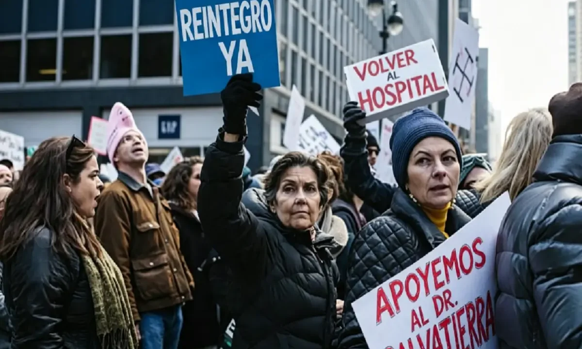 Manifestantes en Salto reclamando por la reincorporación de médicos en el hospital.