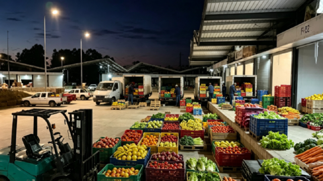 Puestos de comercialización y cajones con frutas y verduras en la Central Hortícola del Norte.