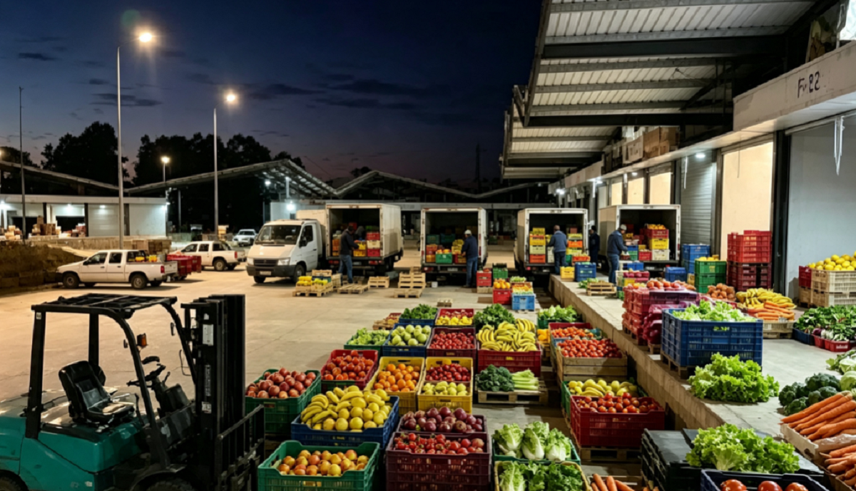 Puestos de comercialización y cajones con frutas y verduras en la Central Hortícola del Norte.