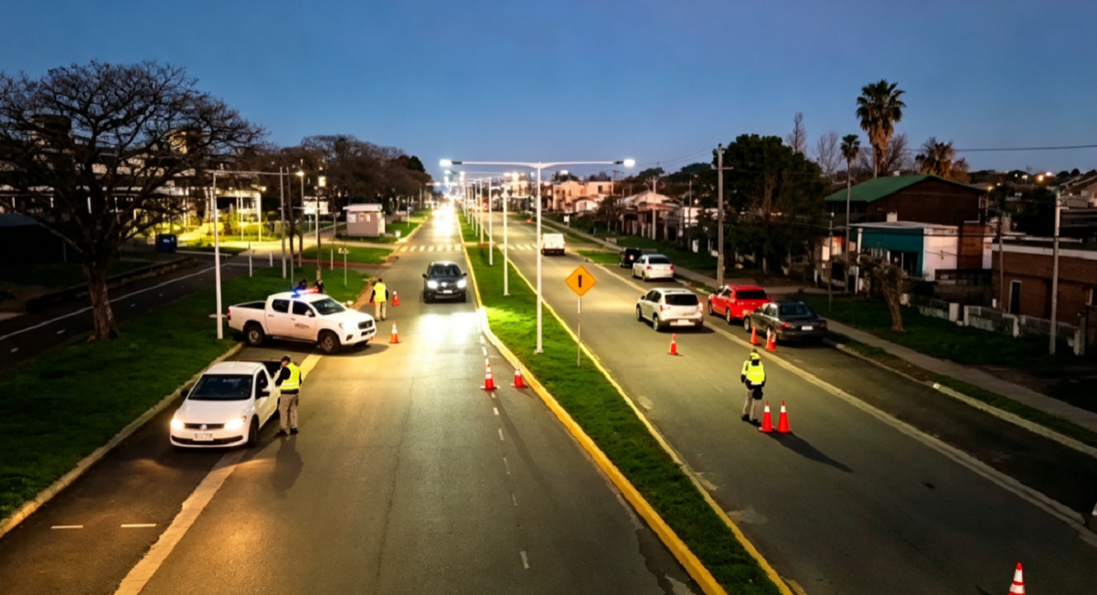 Patrullero policial y móviles de tránsito realizando controles preventivos en el barrio Dos Naciones.