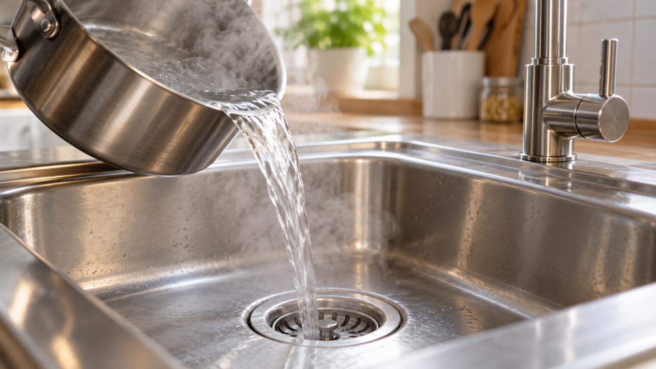 : Olla vertiendo agua hirviendo directamente sobre el orificio del desagüe de la cocina.