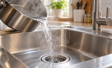 : Olla vertiendo agua hirviendo directamente sobre el orificio del desagüe de la cocina.
