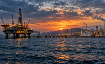 Plataforma de extracción de petróleo y refinería en la costa marítima.