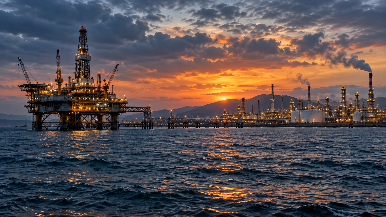 Plataforma de extracción de petróleo y refinería en la costa marítima.