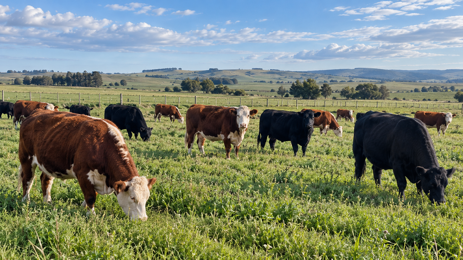 Vista de un rodeo de ganado bovino en un campo de producción ganadera.