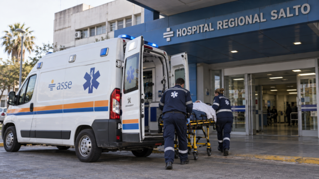 Ambulancia trasladando a una persona herida hacia el Hospital Regional Salto.
