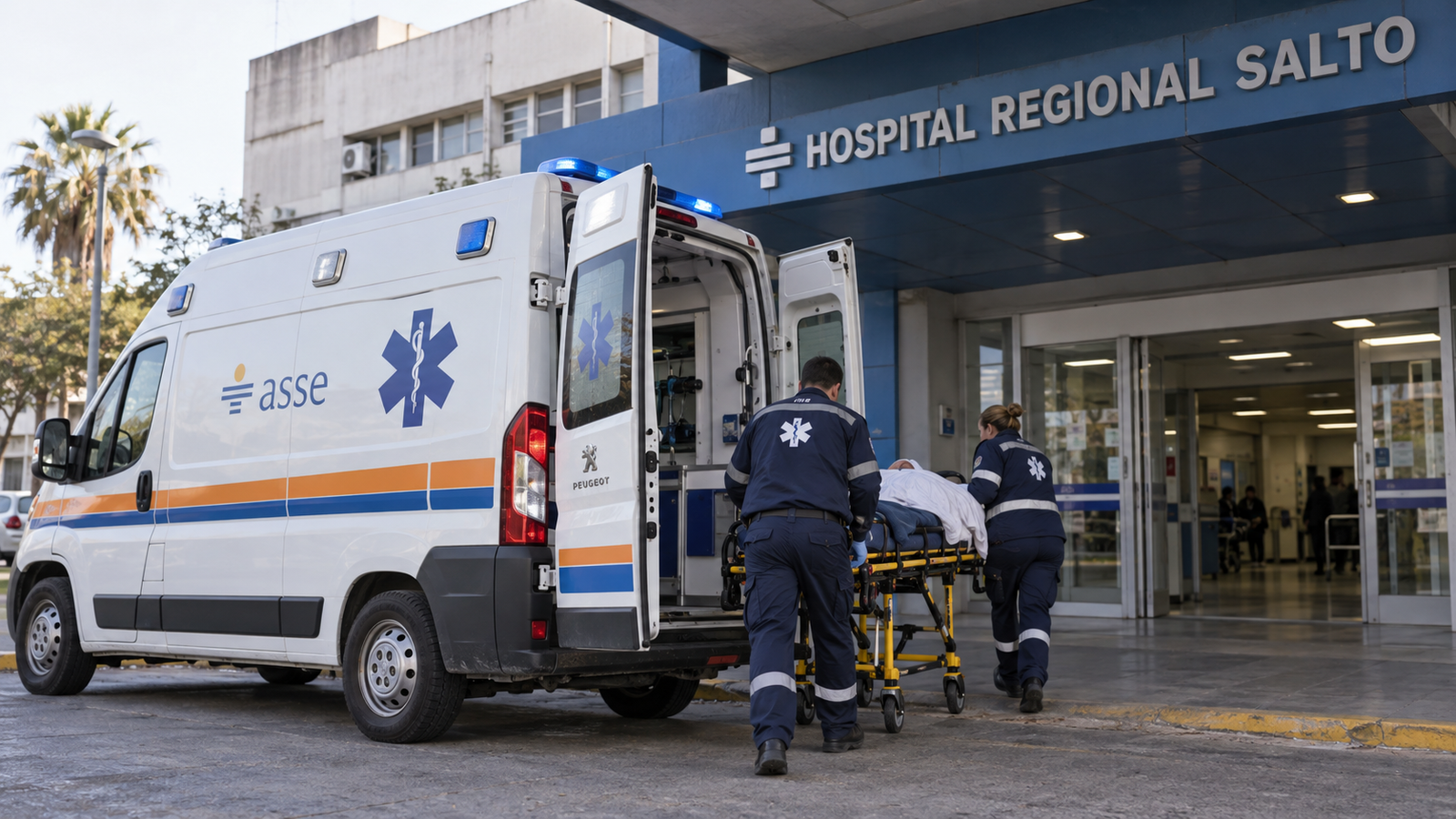 Ambulancia trasladando a una persona herida hacia el Hospital Regional Salto.