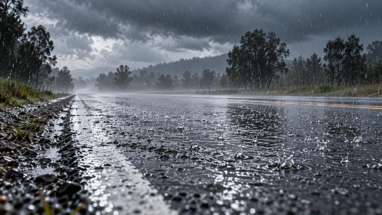 Gotas de lluvia cayendo sobre la ruta durante un día tormentoso