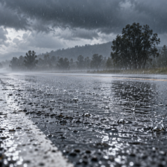 Gotas de lluvia cayendo sobre la ruta durante un día tormentoso