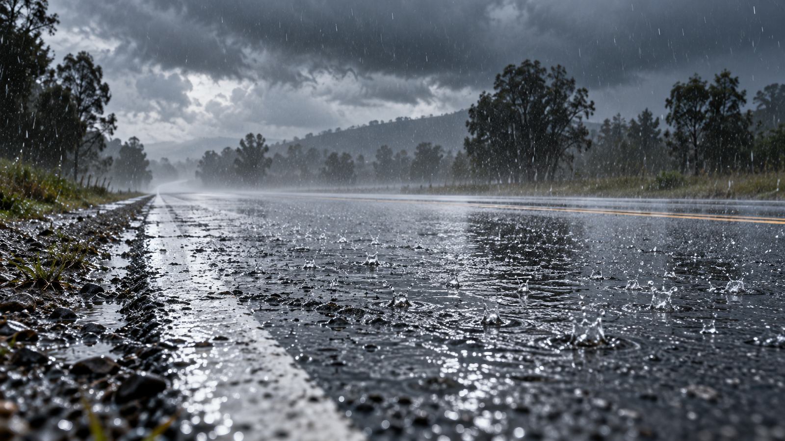 Gotas de lluvia cayendo sobre la ruta durante un día tormentoso