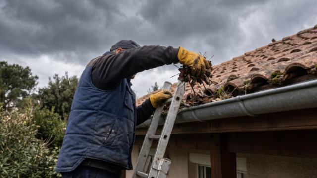 Persona realizando mantenimiento y limpieza en las canaletas del techo de una casa.