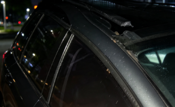 Tronco de árbol de gran tamaño caído sobre el techo y el capó de un automóvil estacionado en Salto.