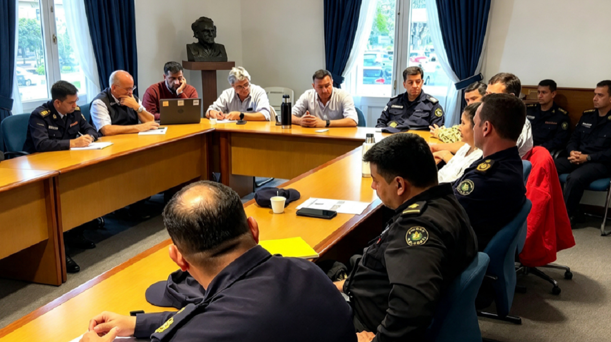 Integrantes del Cecoed reunidos en una mesa de trabajo coordinando operativo de emergencia en Salto.
