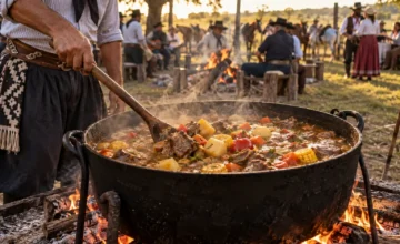 Preparación de guiso tradicional en olla de campo durante una fiesta criolla
