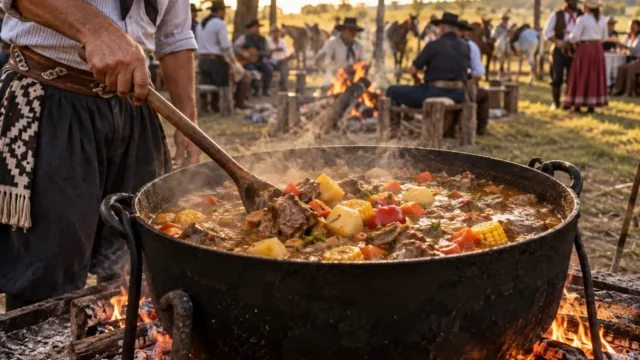 Preparación de guiso tradicional en olla de campo durante una fiesta criolla