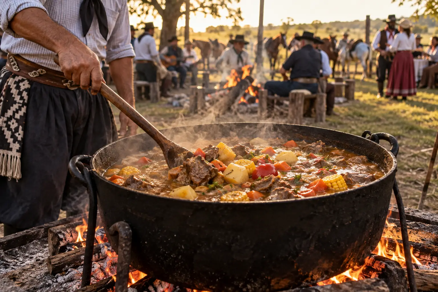 Preparación de guiso tradicional en olla de campo durante una fiesta criolla