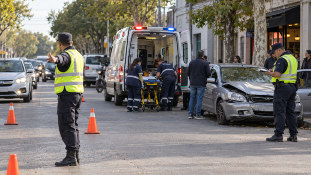 Personal de tránsito y ambulancia asistiendo un siniestro vial en Salto.