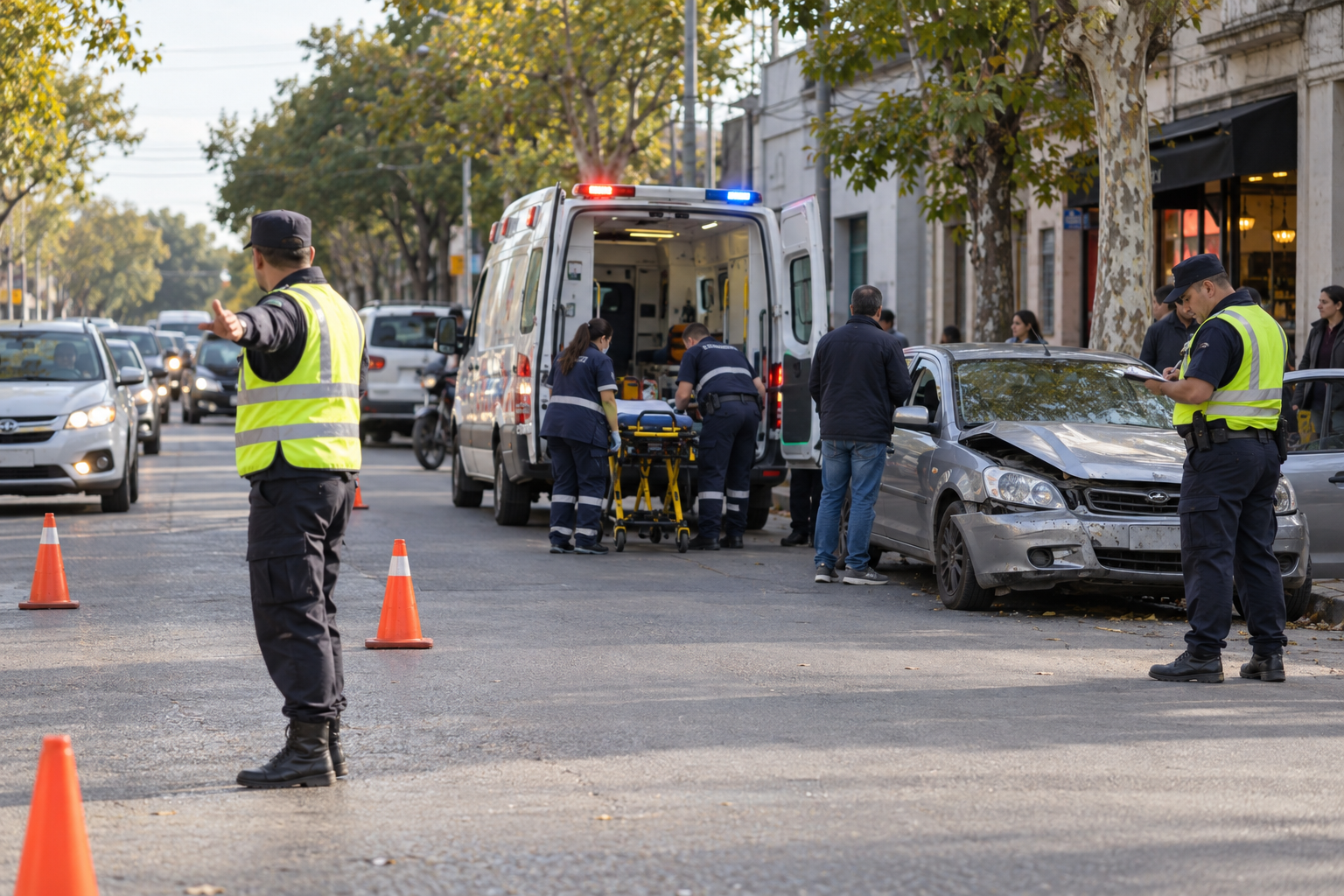 Personal de tránsito y ambulancia asistiendo un siniestro vial en Salto.